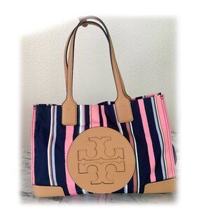 Tory Burch SMALL ELLA PRINTED TOTE (CANYON STRIPE VERTICAL/PERFECT NAVY)